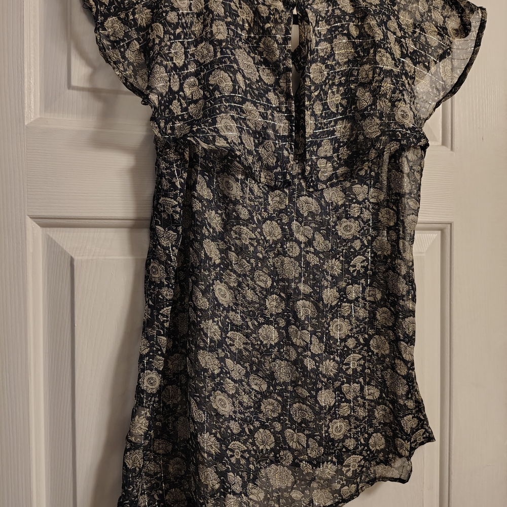 Bridgerton Floral Sheer Ruffle Sleeve Top - Navy Cream